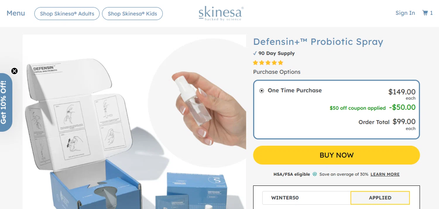 Skinesa discount code screenshot showing code WINTER50 applied at Skinesa checkout page. Uploaded by SimplyCodes community member diacelysduartesuarez on Dec 6, 2025