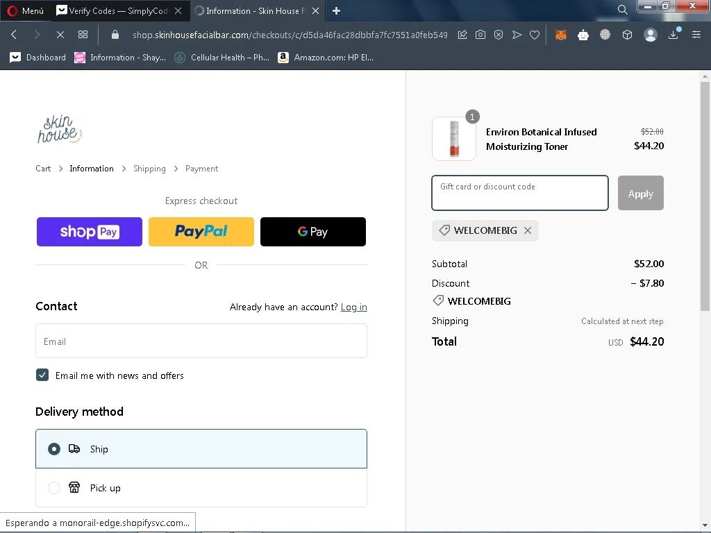 Skin House Facial Bar checkout page showing Skin House Facial Bar promo code box | Screenshot taken by SimplyCodes community member on Apr 26, 2023