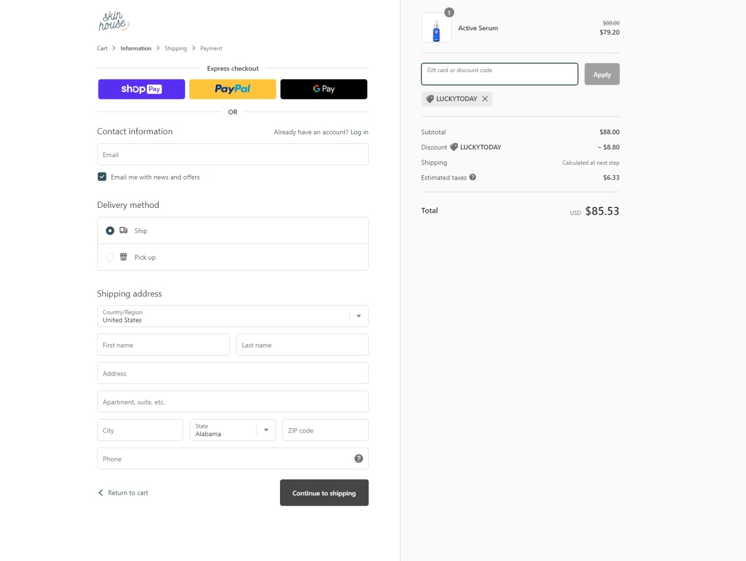 Skin House Facial Bar checkout page showing Skin House Facial Bar promo code box | Screenshot taken by SimplyCodes community member on Mar 8, 2023