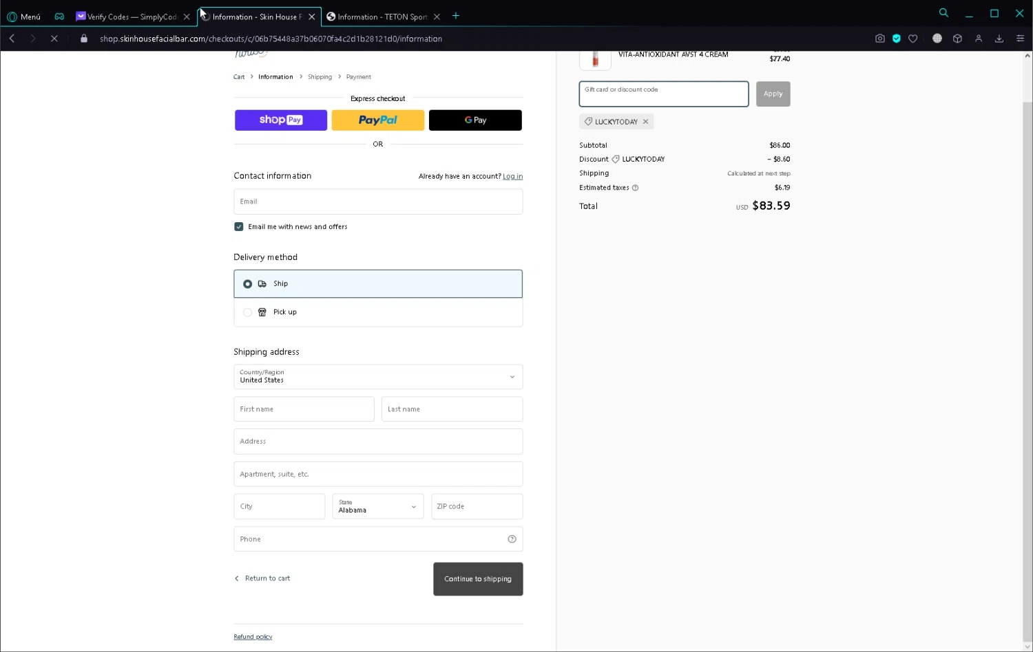 Skin House Facial Bar checkout page showing Skin House Facial Bar promo code box | Screenshot taken by SimplyCodes community member on Apr 6, 2023