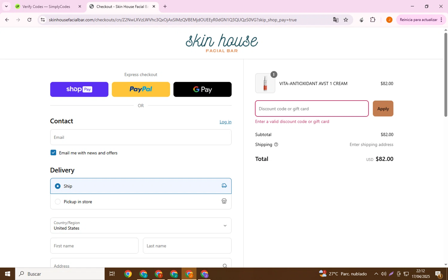 Skin House Facial Bar promo code screenshot showing code LUCKYTODAY applied at Skin House Facial Bar checkout page. Uploaded by SimplyCodes community member PromoWizard9762 on Apr 18, 2025