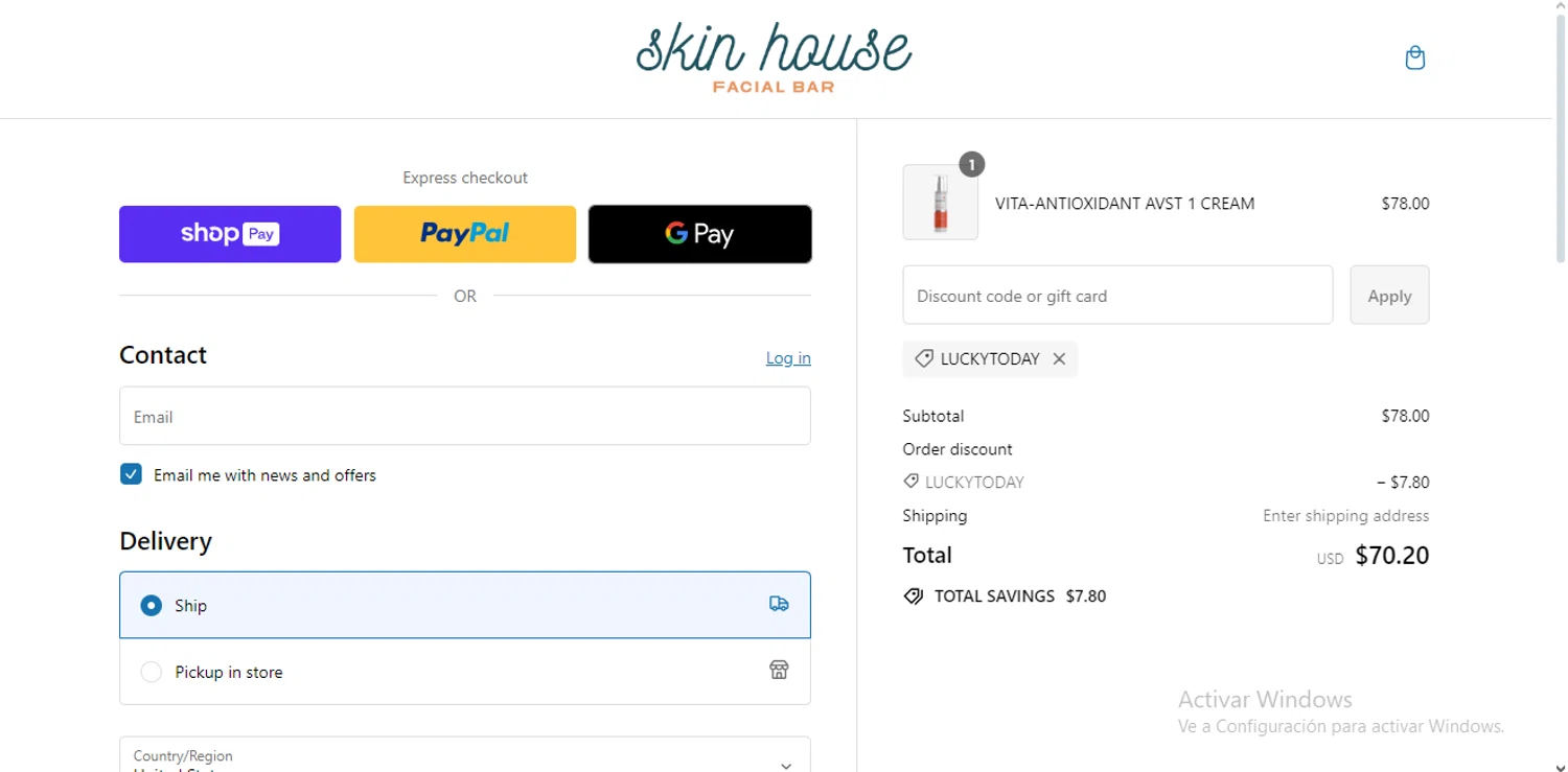 Skin House Facial Bar checkout page showing Skin House Facial Bar promo code box | Screenshot taken by SimplyCodes community member on Jul 7, 2024
