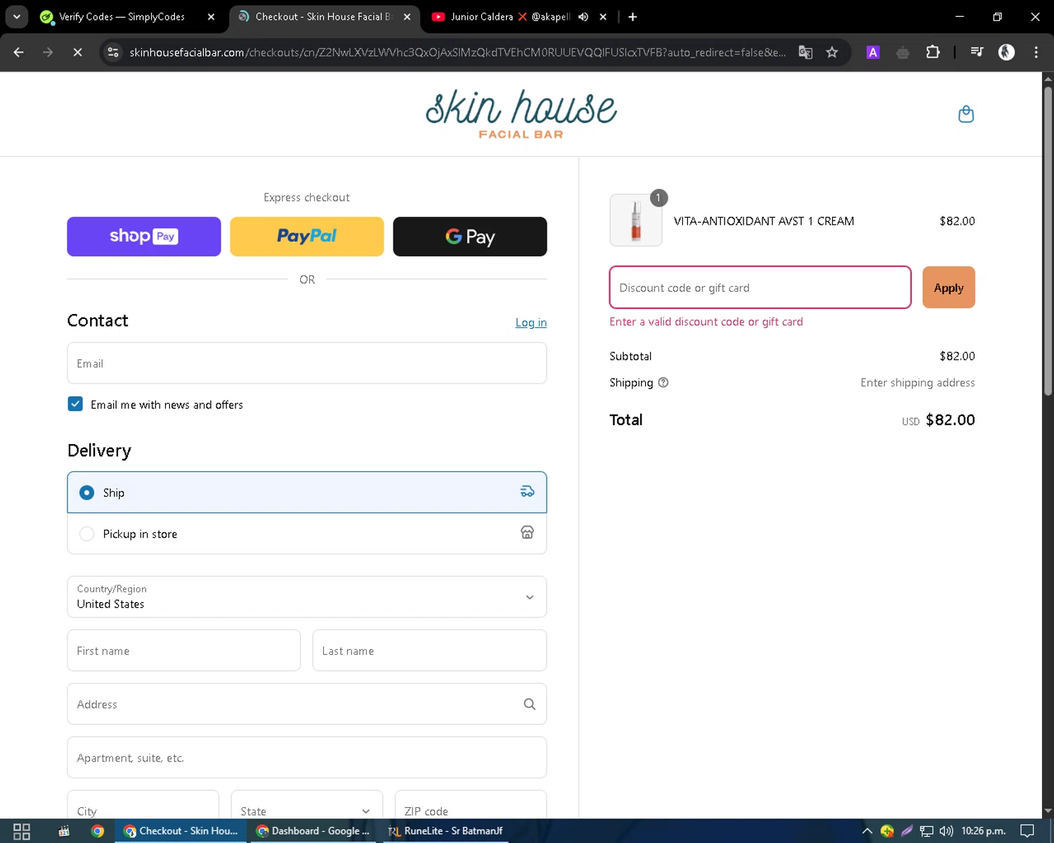 Skin House Facial Bar promo code screenshot showing code LUCKYTODAY applied at Skin House Facial Bar checkout page. Uploaded by SimplyCodes community member CleverSentinel9441 on Apr 18, 2025