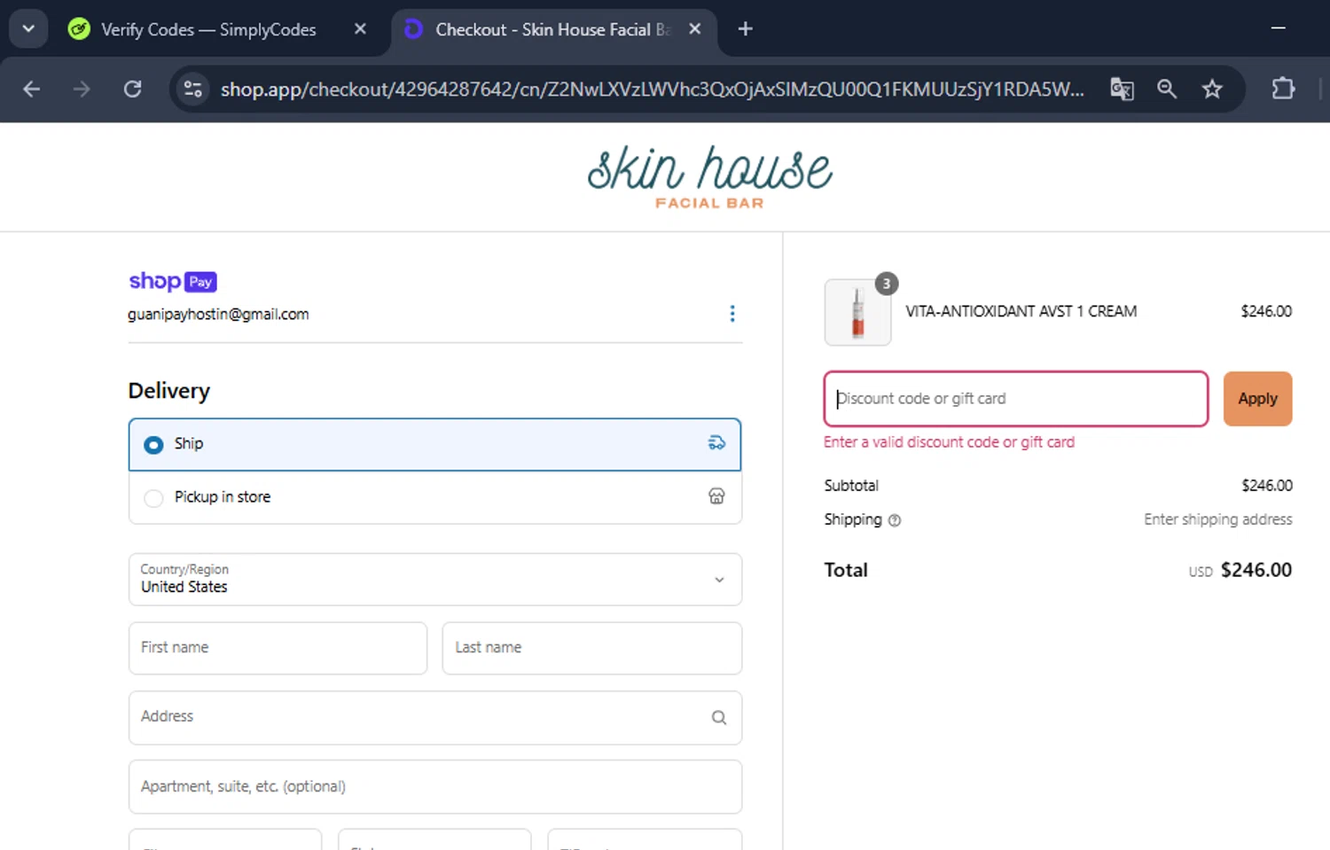 Skin House Facial Bar promo code screenshot showing code LUCKYTODAY applied at Skin House Facial Bar checkout page. Uploaded by SimplyCodes community member toti2222 on Apr 18, 2025