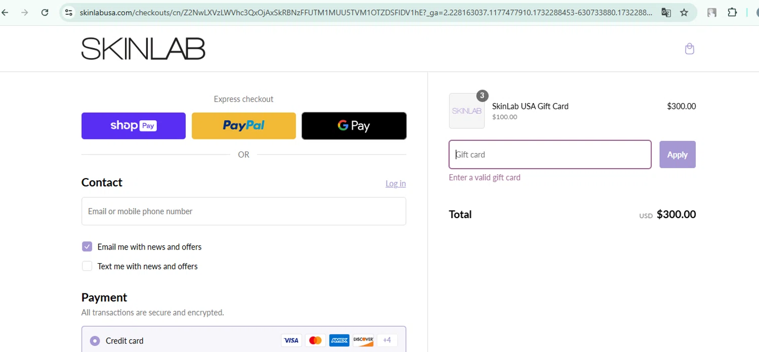 SKINLAB checkout page showing SKINLAB promo code box | Screenshot taken by SimplyCodes community member on Nov 22, 2024