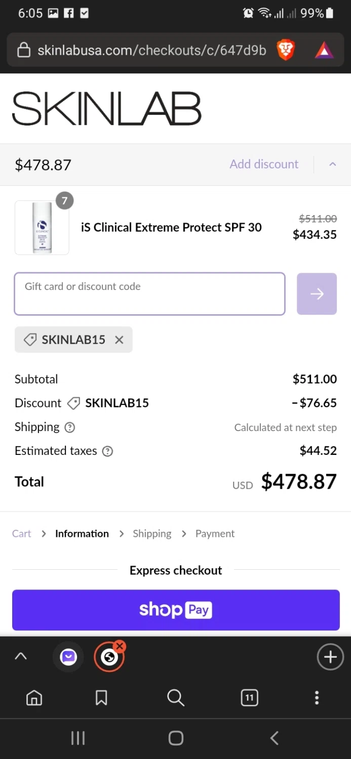 SKINLAB checkout page showing SKINLAB promo code box | Screenshot taken by SimplyCodes community member on Apr 13, 2023