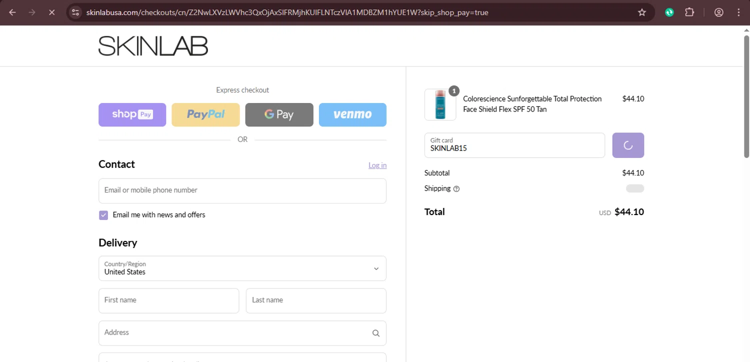 SKINLAB promo code screenshot showing code SKINLAB15 applied at SKINLAB checkout page. Uploaded by SimplyCodes community member xaswqe on Mar 31, 2025