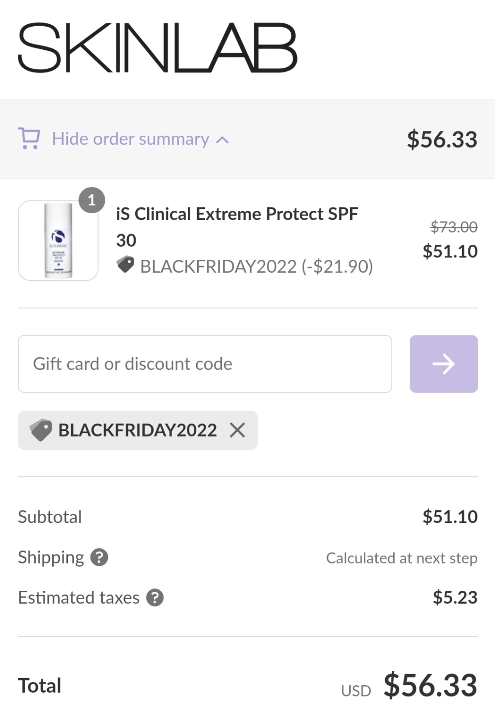 SKINLAB checkout page showing SKINLAB promo code box | Screenshot taken by SimplyCodes community member on Jan 18, 2023