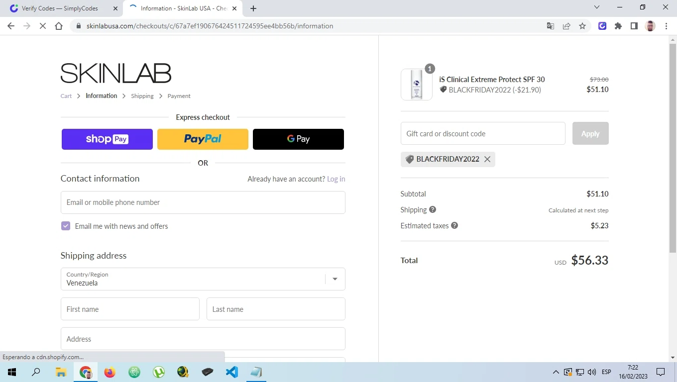 SKINLAB checkout page showing SKINLAB promo code box | Screenshot taken by SimplyCodes community member on Feb 16, 2023
