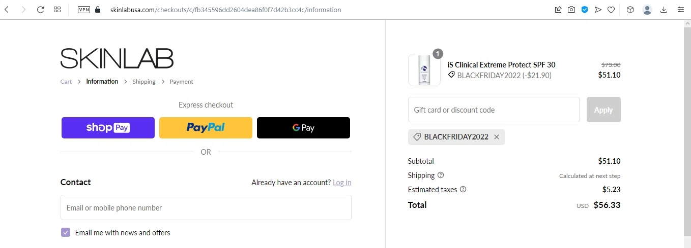SKINLAB checkout page showing SKINLAB promo code box | Screenshot taken by SimplyCodes community member on Apr 15, 2023