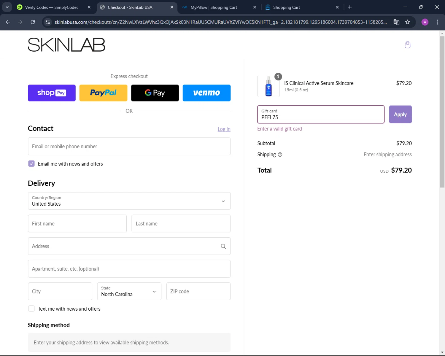 SKINLAB promo code screenshot showing code PEEL75 applied at SKINLAB checkout page. Uploaded by SimplyCodes community member AndreinaA on Feb 16, 2025