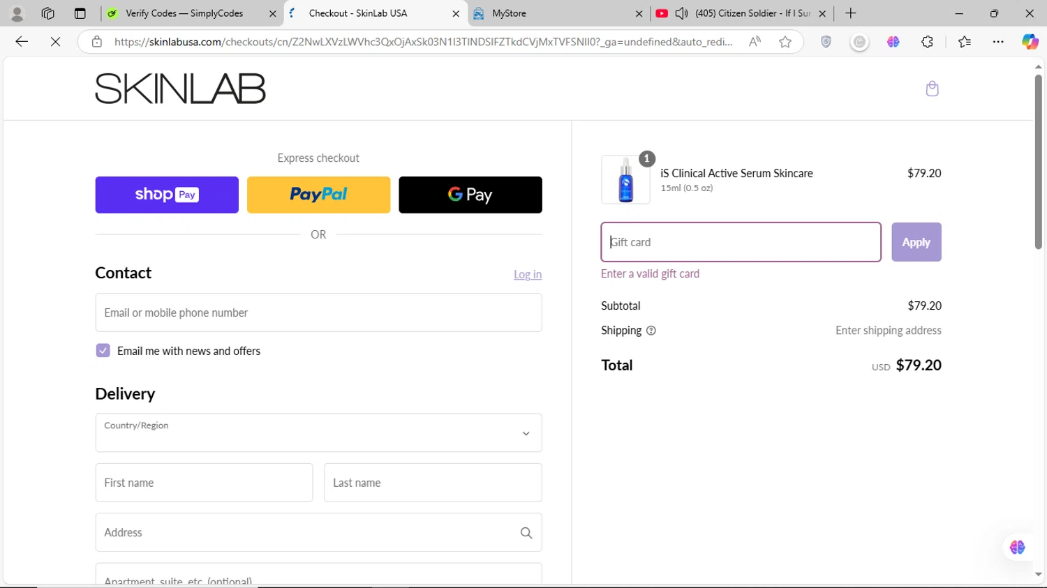 SKINLAB promo code screenshot showing code PEEL75 applied at SKINLAB checkout page. Uploaded by SimplyCodes community member MagnificentVirtuoso8433 on Feb 16, 2025