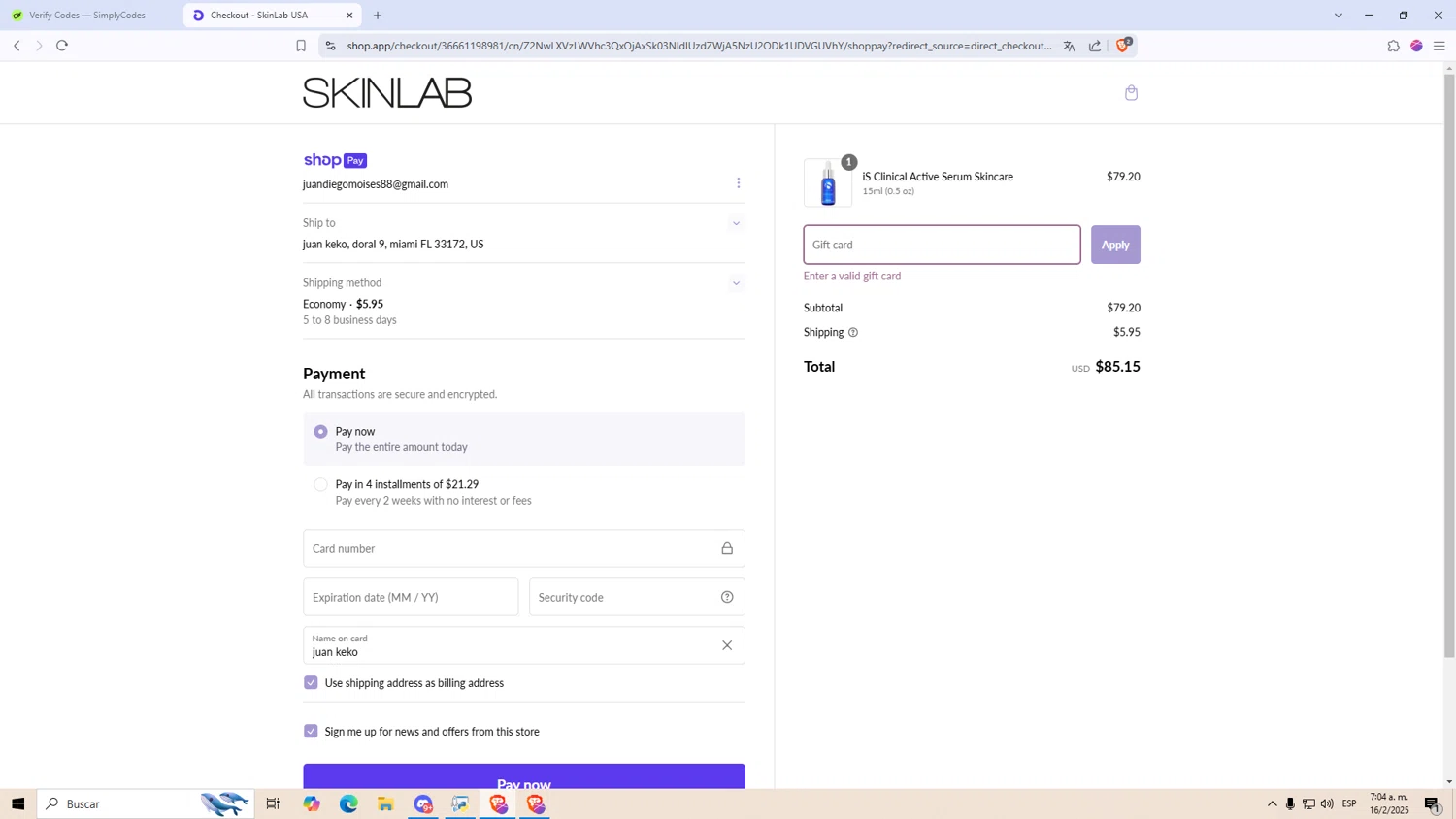 SKINLAB promo code screenshot showing code PEEL75 applied at SKINLAB checkout page. Uploaded by SimplyCodes community member 000000 on Feb 16, 2025