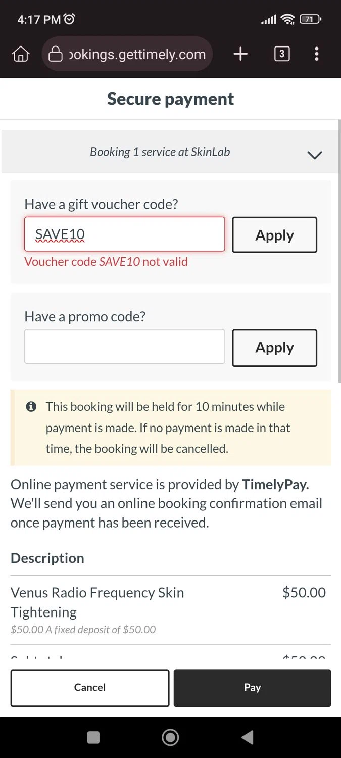 SKINLAB promo code screenshot showing code SAVE10 applied at SKINLAB checkout page. Uploaded by SimplyCodes community member CrownLion2750 on Sep 7, 2025