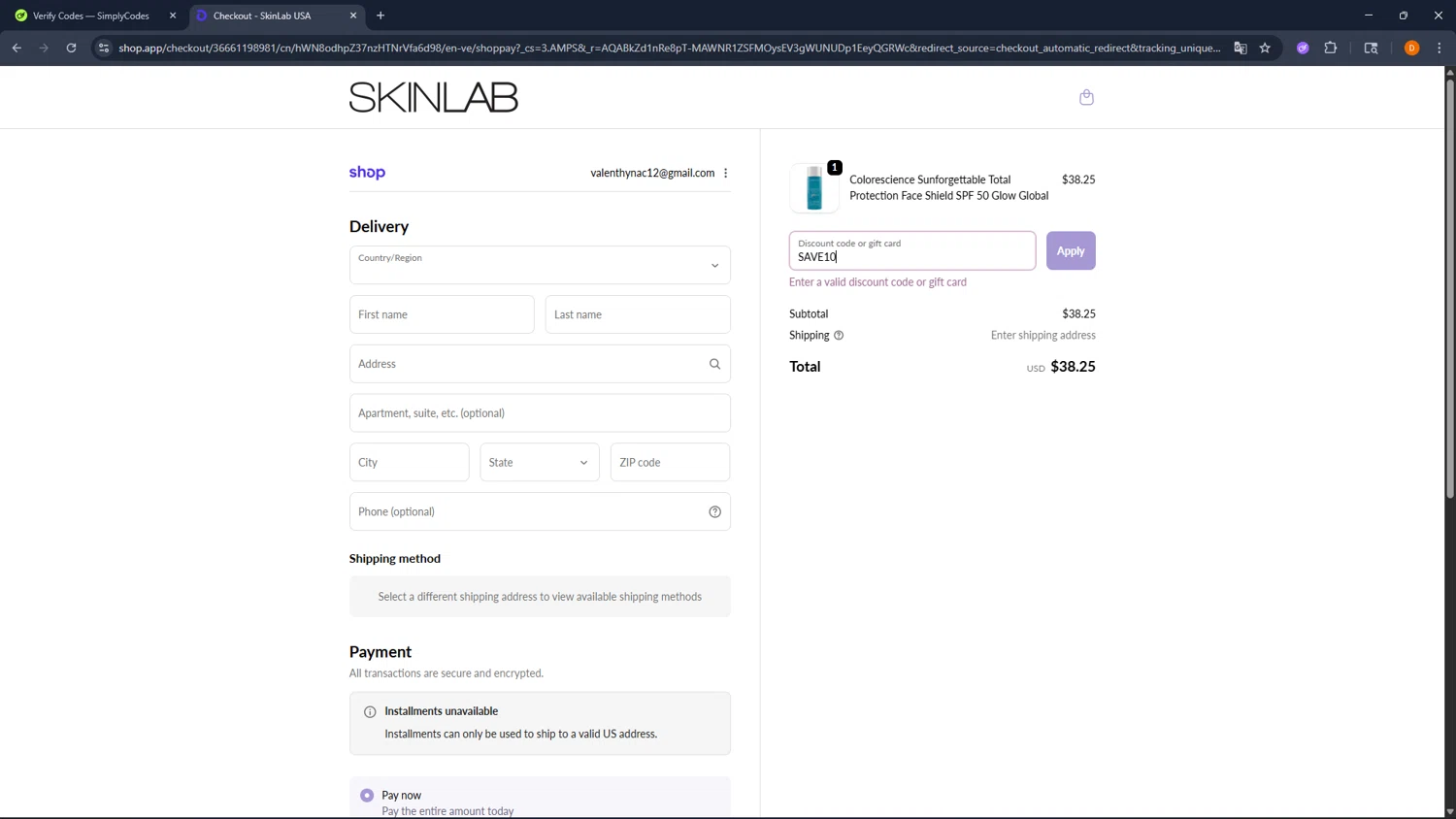 SKINLAB promo code screenshot showing code SAVE10 applied at SKINLAB checkout page. Uploaded by SimplyCodes community member FrugalFalcon351 on Feb 15, 2026