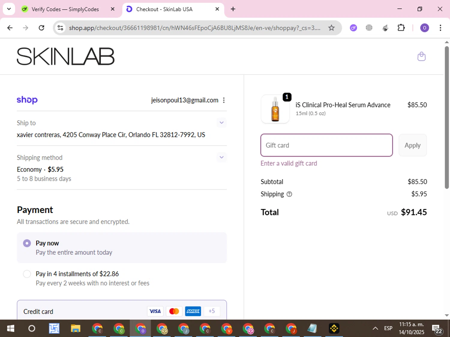 SKINLAB promo code screenshot showing code PEEL15 applied at SKINLAB checkout page. Uploaded by SimplyCodes community member CleverLynx8245 on Oct 14, 2025