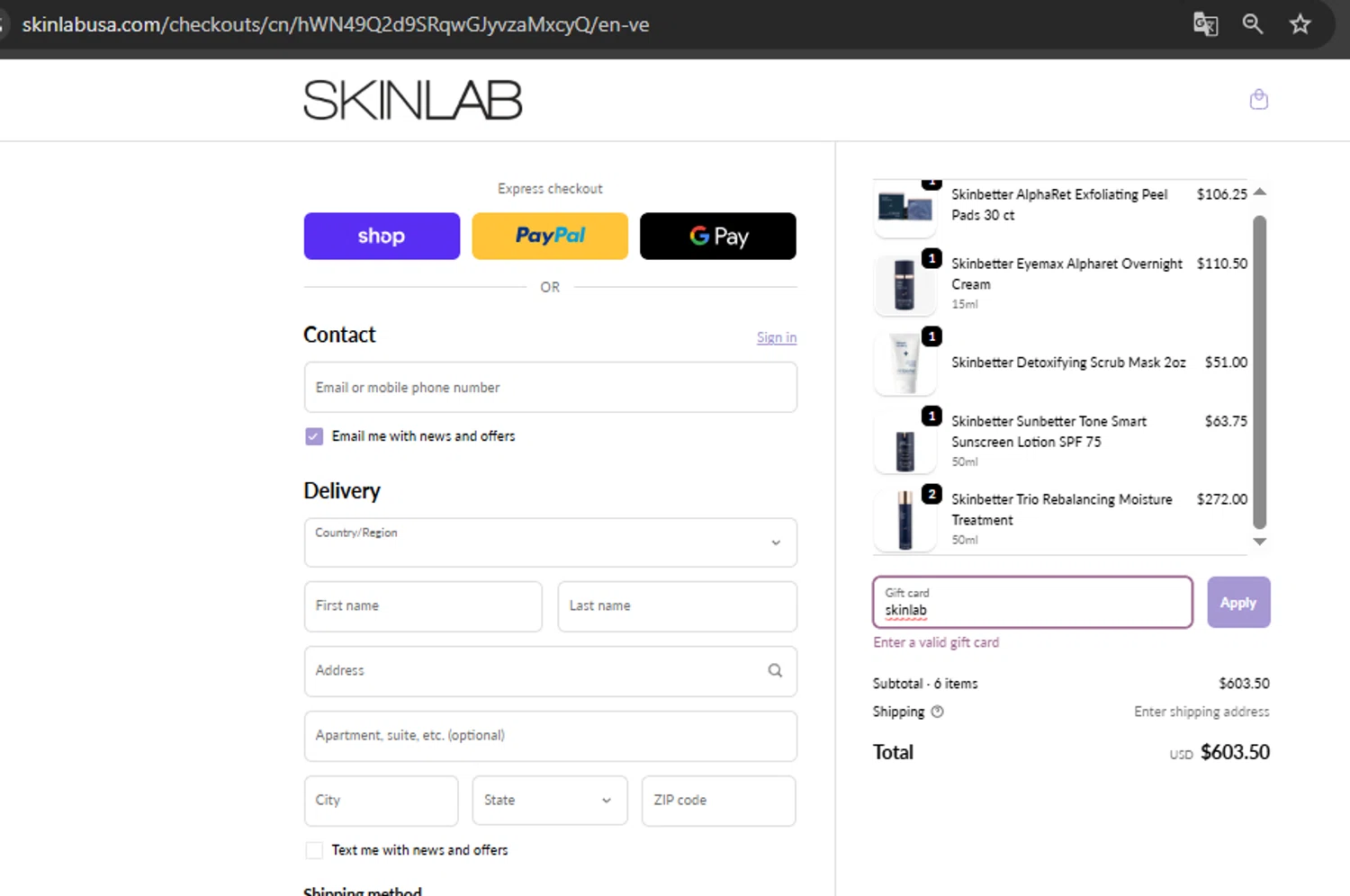 SKINLAB promo code screenshot showing code PEEL15 applied at SKINLAB checkout page. Uploaded by SimplyCodes community member gilbertrondon on Oct 15, 2025