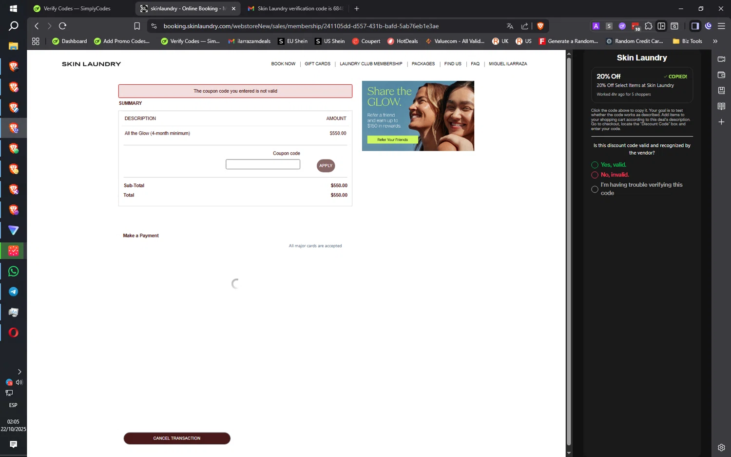 Skin Laundry promo code screenshot showing code fto20 applied at Skin Laundry checkout page. Uploaded by SimplyCodes community member ilarrazaM4 on Oct 22, 2025