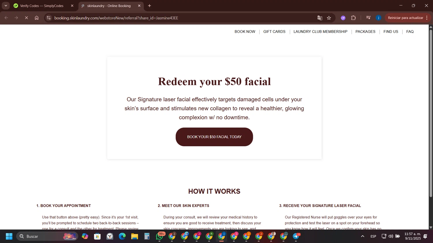 Skin Laundry promo code screenshot showing code Jasmine43EE applied at Skin Laundry checkout page. Uploaded by SimplyCodes community member yameteqdasai on Nov 9, 2025