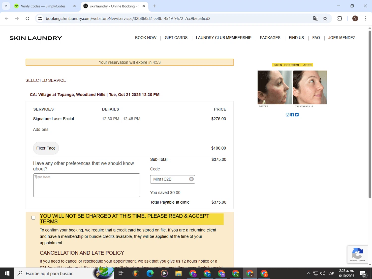 Skin Laundry checkout page showing Skin Laundry promo code box | Screenshot taken by SimplyCodes community member on Oct 6, 2025