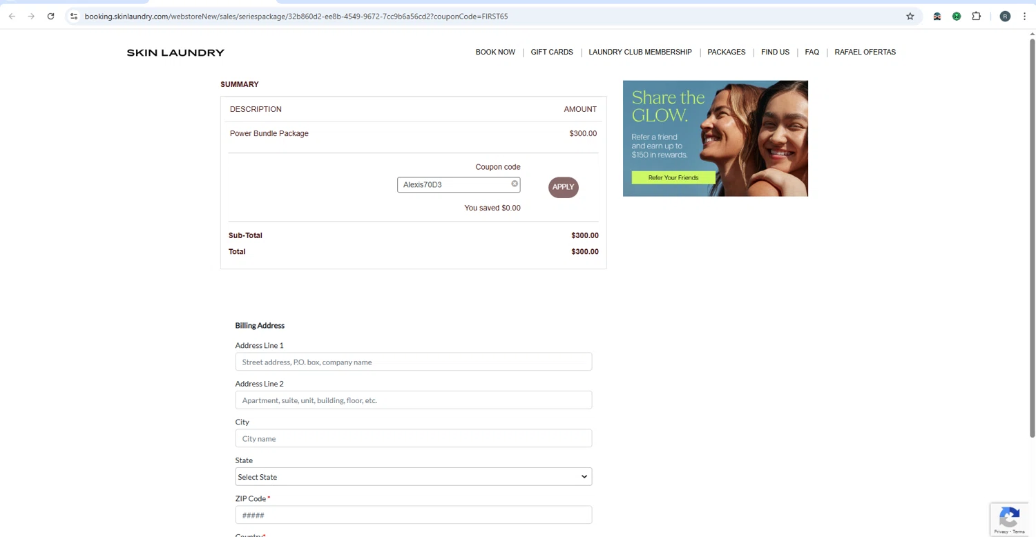 Skin Laundry promo code screenshot showing code Alexis70D3 applied at Skin Laundry checkout page. Uploaded by SimplyCodes community member rafaelmarquez on Sep 29, 2025
