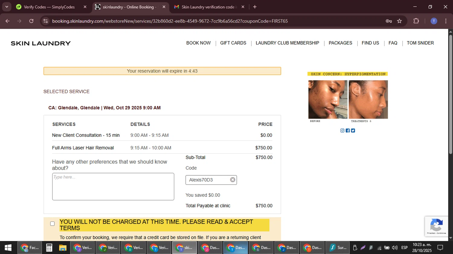 Skin Laundry promo code screenshot showing code Alexis70D3 applied at Skin Laundry checkout page. Uploaded by SimplyCodes community member snidertom8 on Oct 28, 2025