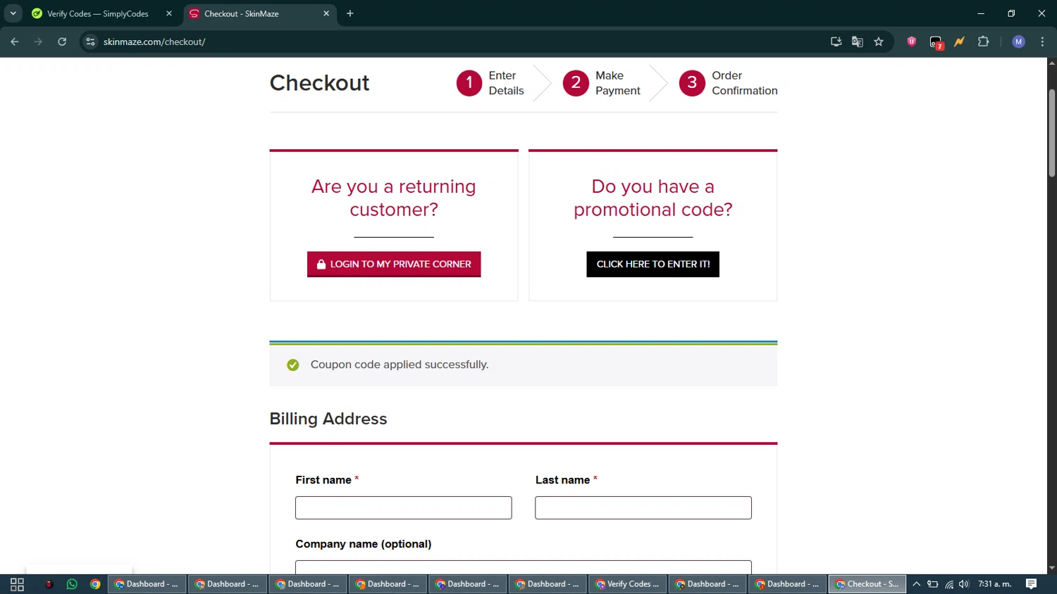 SkinMaze promo code screenshot showing code JanMarini10 applied at SkinMaze checkout page. Uploaded by SimplyCodes community member VoucherCurator824 on Dec 21, 2025