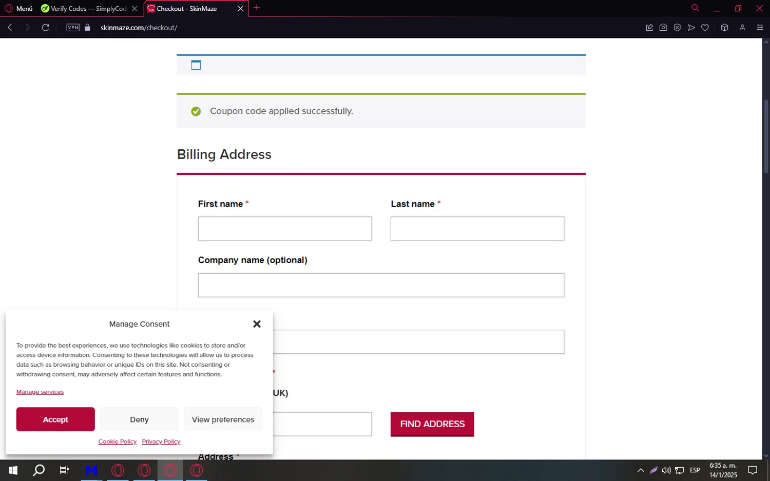 SkinMaze checkout page showing SkinMaze promo code box | Screenshot taken by SimplyCodes community member on Jan 14, 2025