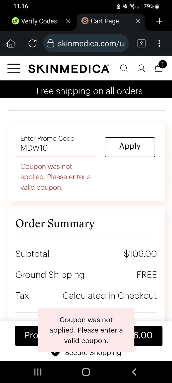 SkinMedica promo code screenshot showing code MDW10 applied at SkinMedica checkout page. Uploaded by SimplyCodes community member VillaloboY on Oct 22, 2025
