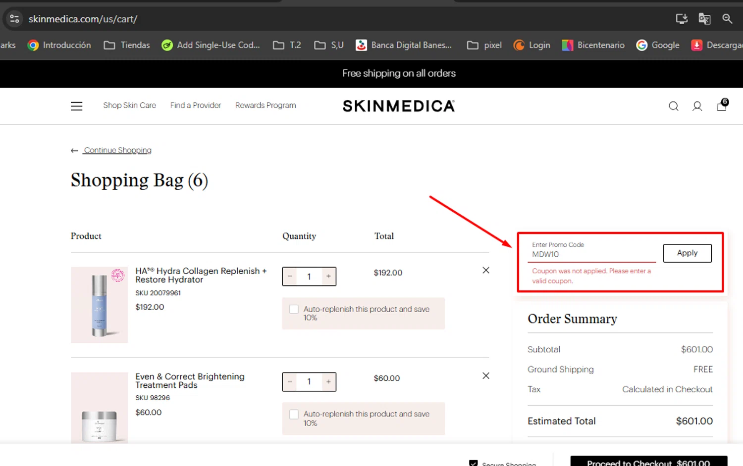 SkinMedica promo code screenshot showing code MDW10 applied at SkinMedica checkout page. Uploaded by SimplyCodes community member joseortiz1 on Sep 7, 2025