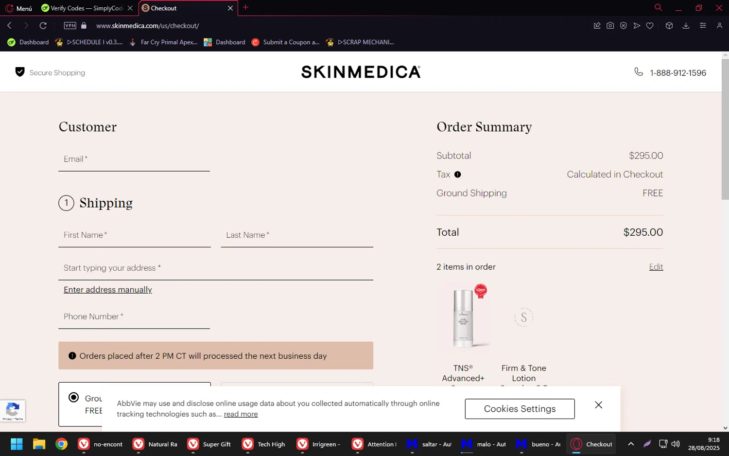 SkinMedica promo code screenshot showing code SUMMER10 applied at SkinMedica checkout page. Uploaded by SimplyCodes community member LuckyVirtuoso1831 on Aug 28, 2025