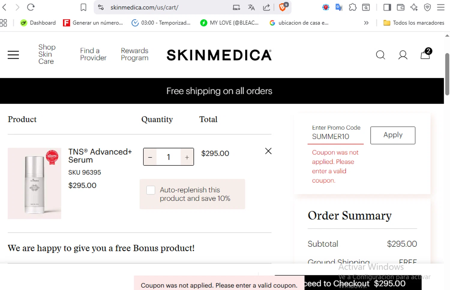 SkinMedica promo code screenshot showing code SUMMER10 applied at SkinMedica checkout page. Uploaded by SimplyCodes community member VoucherFalcon3942 on Aug 28, 2025