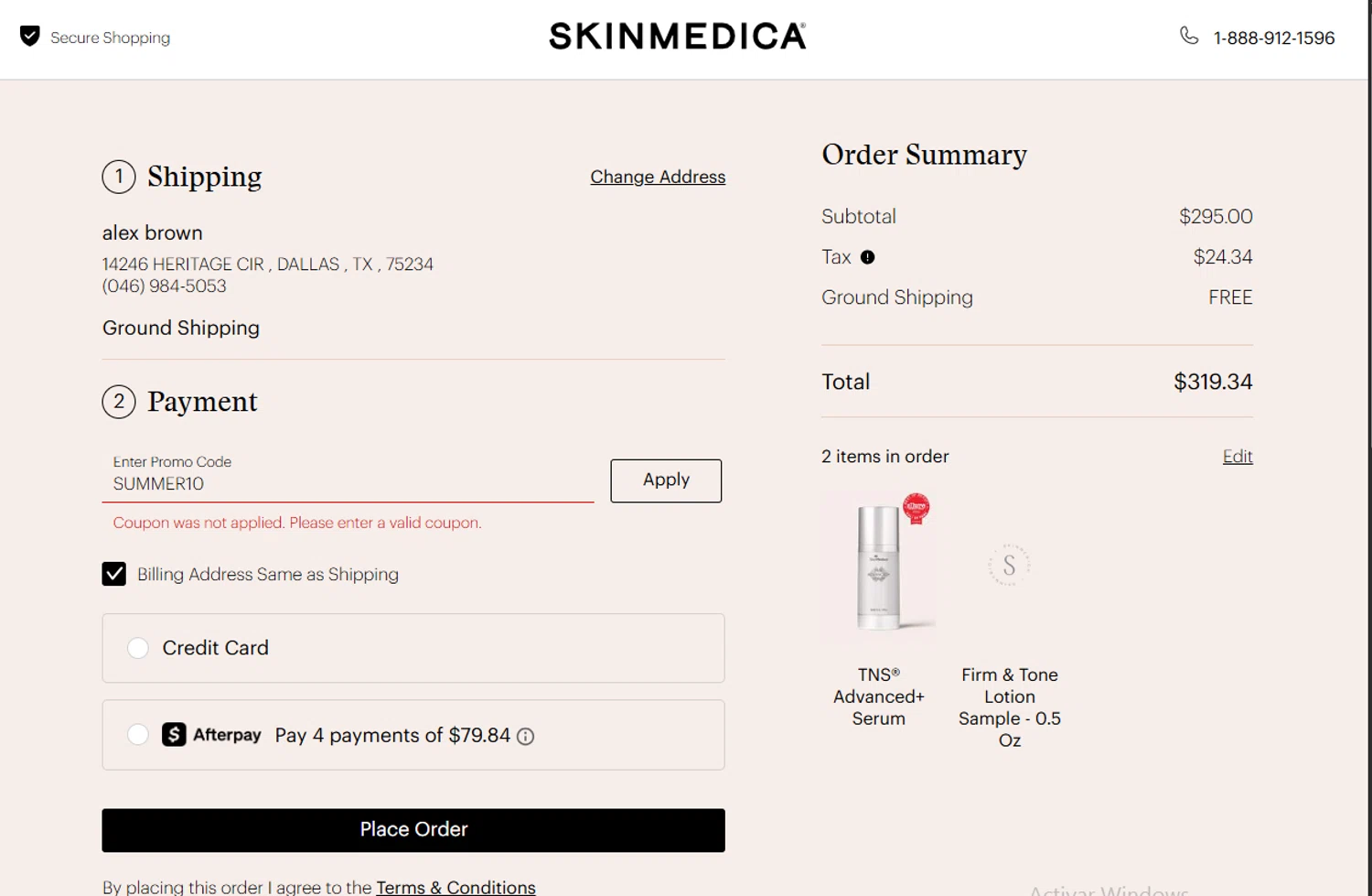 SkinMedica promo code screenshot showing code SUMMER10 applied at SkinMedica checkout page. Uploaded by SimplyCodes community member VoucherVirtuoso2520 on Aug 28, 2025