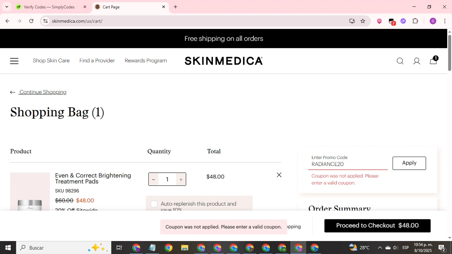 SkinMedica promo code screenshot showing code RADIANCE20 applied at SkinMedica checkout page. Uploaded by SimplyCodes community member ValuePilot6849 on Oct 9, 2025