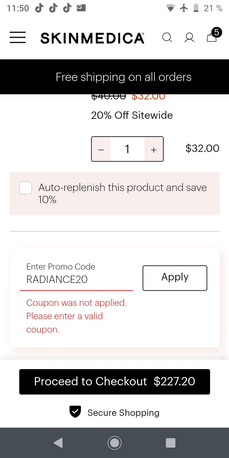 SkinMedica promo code screenshot showing code RADIANCE20 applied at SkinMedica checkout page. Uploaded by SimplyCodes community member zaidaelena on Oct 9, 2025