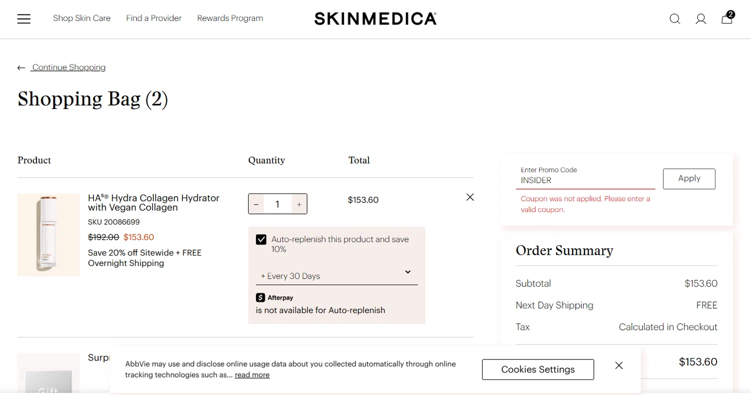SkinMedica promo code screenshot showing code INSIDER applied at SkinMedica checkout page. Uploaded by SimplyCodes community member Maocar on Dec 19, 2025