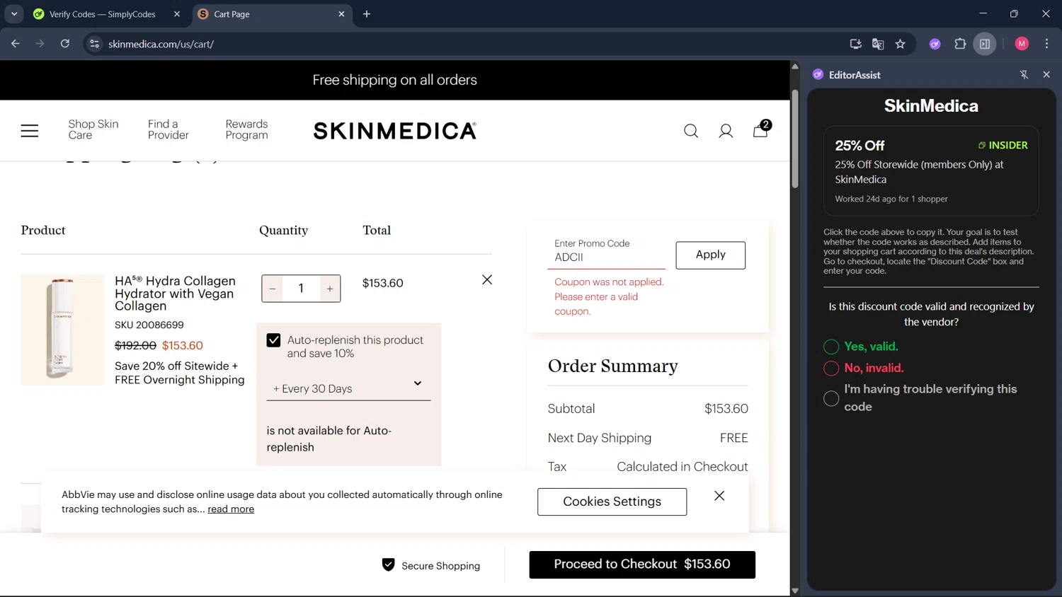 SkinMedica promo code screenshot showing code INSIDER applied at SkinMedica checkout page. Uploaded by SimplyCodes community member ValueCollector4159 on Dec 19, 2025