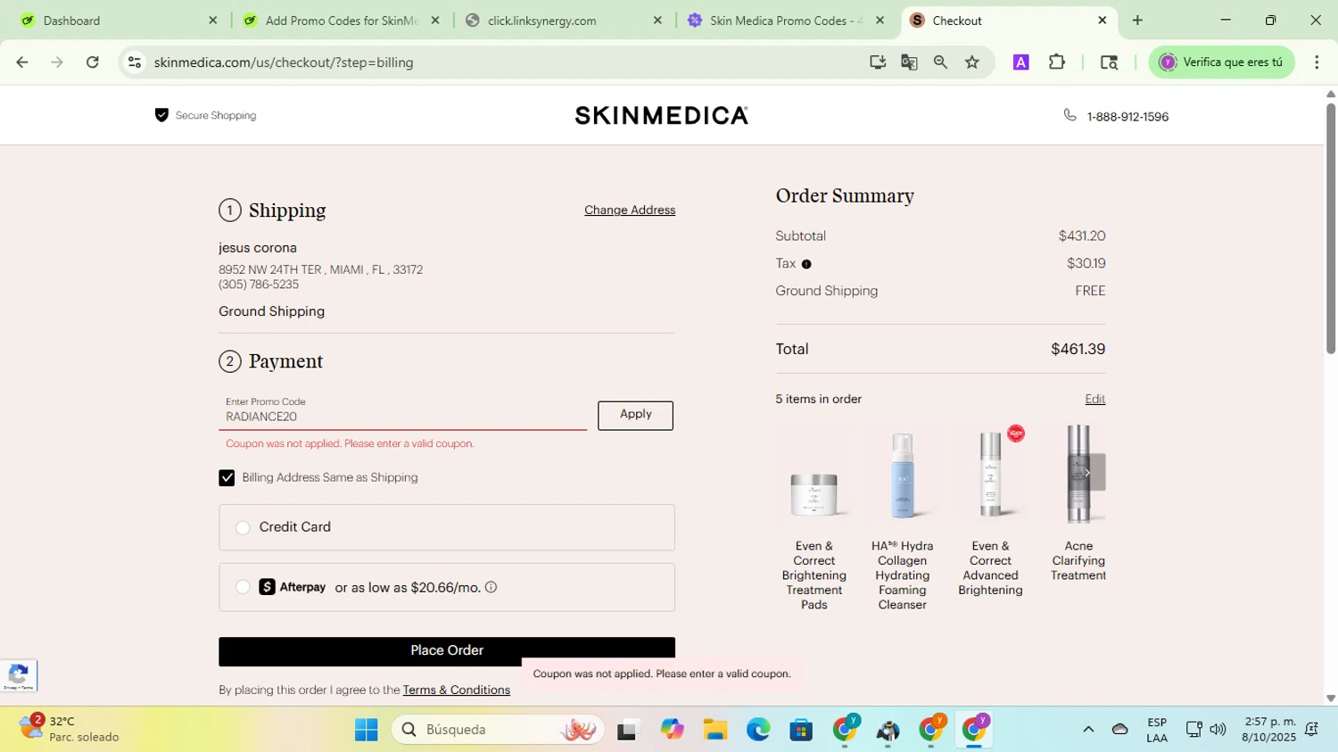 SkinMedica promo code screenshot showing code RADIANCE20 applied at SkinMedica checkout page. Uploaded by SimplyCodes community member jesusalvarez1 on Oct 8, 2025