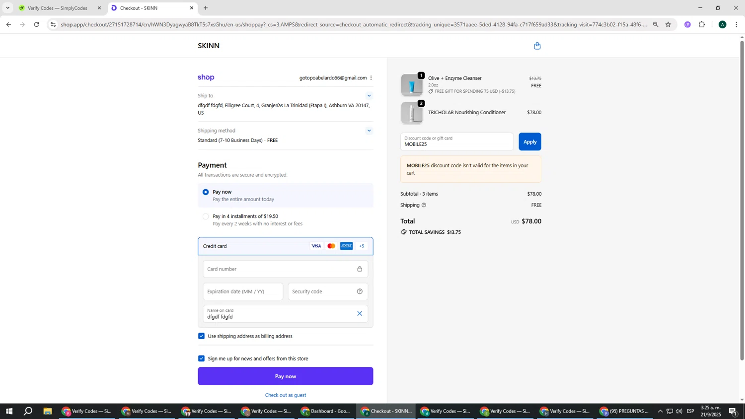 Skinn Cosmetics coupon code screenshot showing code MOBILE25 applied at Skinn Cosmetics checkout page. Uploaded by SimplyCodes community member HAOJIN on Sep 21, 2025
