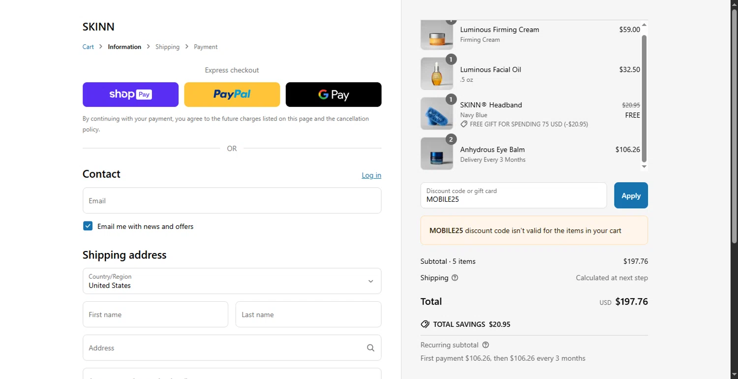 Skinn Cosmetics coupon code screenshot showing code MOBILE25 applied at Skinn Cosmetics checkout page. Uploaded by SimplyCodes community member LlonardoLotes on Jun 3, 2025