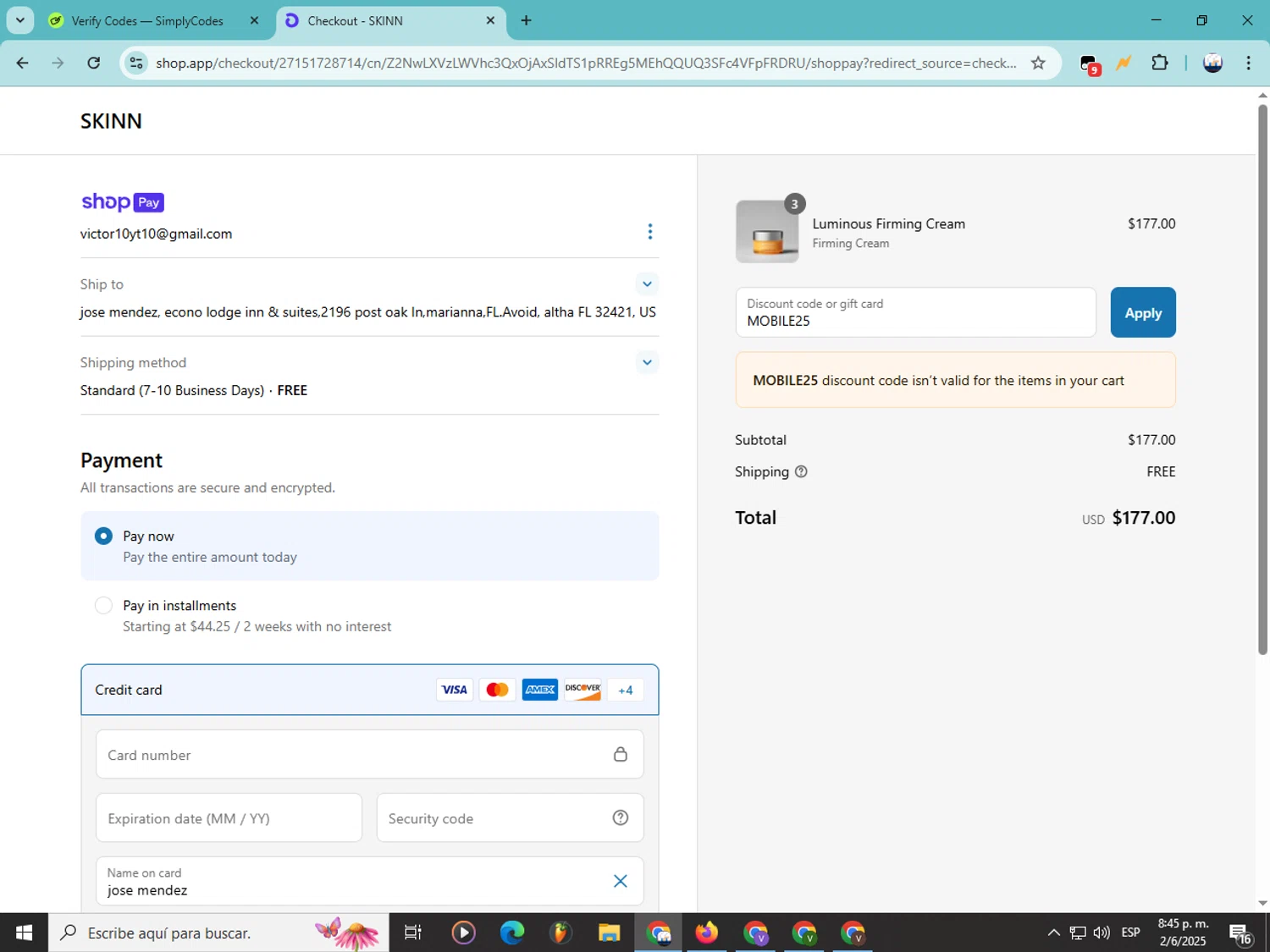 Skinn Cosmetics coupon code screenshot showing code MOBILE25 applied at Skinn Cosmetics checkout page. Uploaded by SimplyCodes community member Soyvictor on Jun 3, 2025