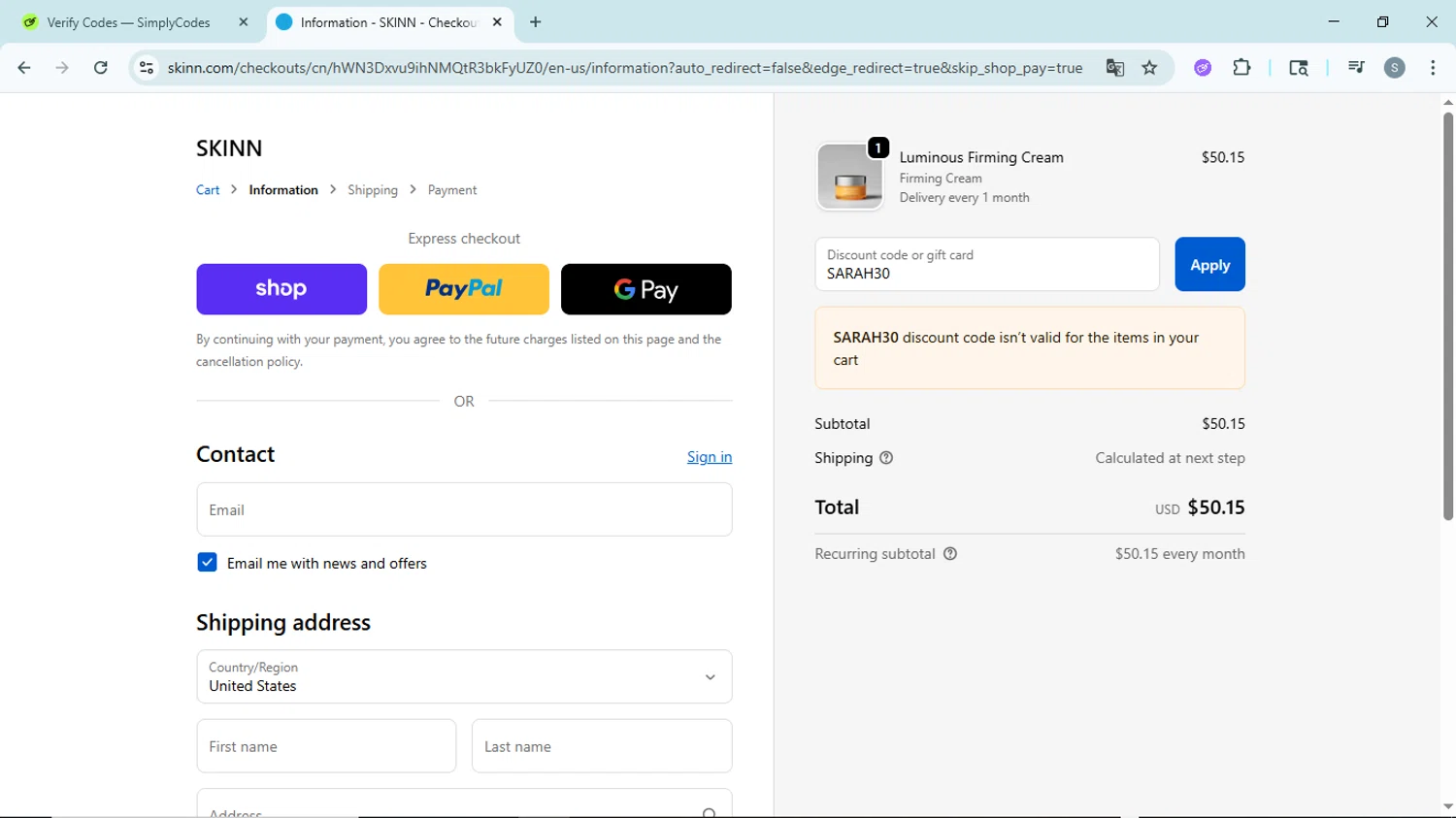 Skinn Cosmetics coupon code screenshot showing code SARAH30 applied at Skinn Cosmetics checkout page. Uploaded by SimplyCodes community member EpicScholar6418 on Sep 21, 2025