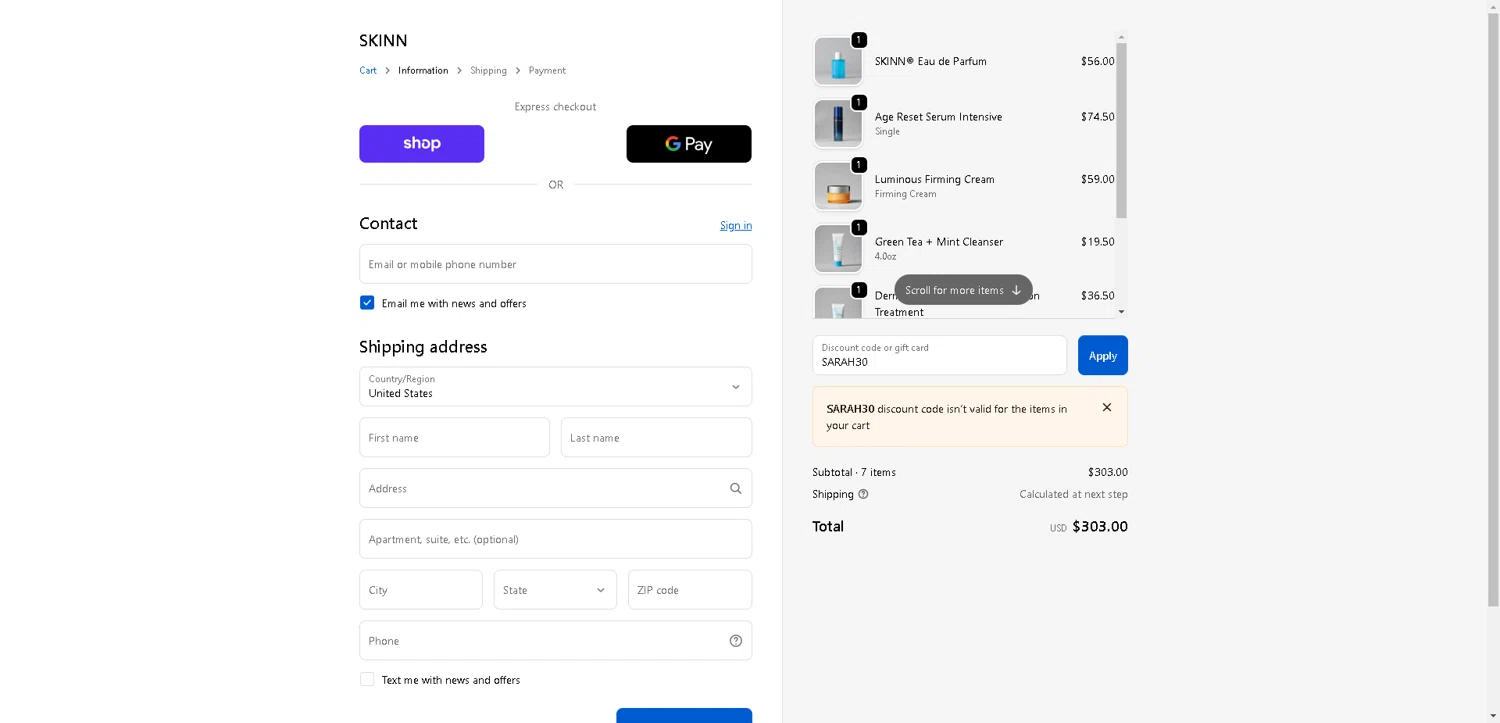 Skinn Cosmetics coupon code screenshot showing code SARAH30 applied at Skinn Cosmetics checkout page. Uploaded by SimplyCodes community member PrimeSentinel4675 on Oct 25, 2025