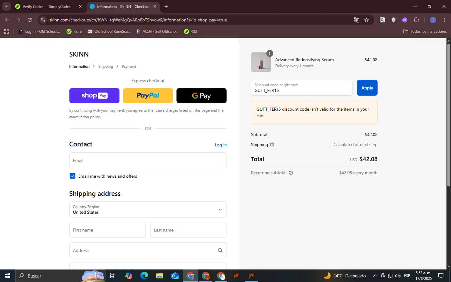 Skinn Cosmetics coupon code screenshot showing code GUTT_FER15 applied at Skinn Cosmetics checkout page. Uploaded by SimplyCodes community member CouponOwl5049 on Aug 17, 2025