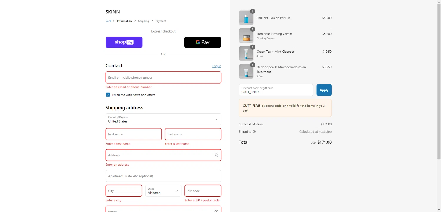 Skinn Cosmetics coupon code screenshot showing code GUTT_FER15 applied at Skinn Cosmetics checkout page. Uploaded by SimplyCodes community member DiscountWarden480 on Aug 9, 2025