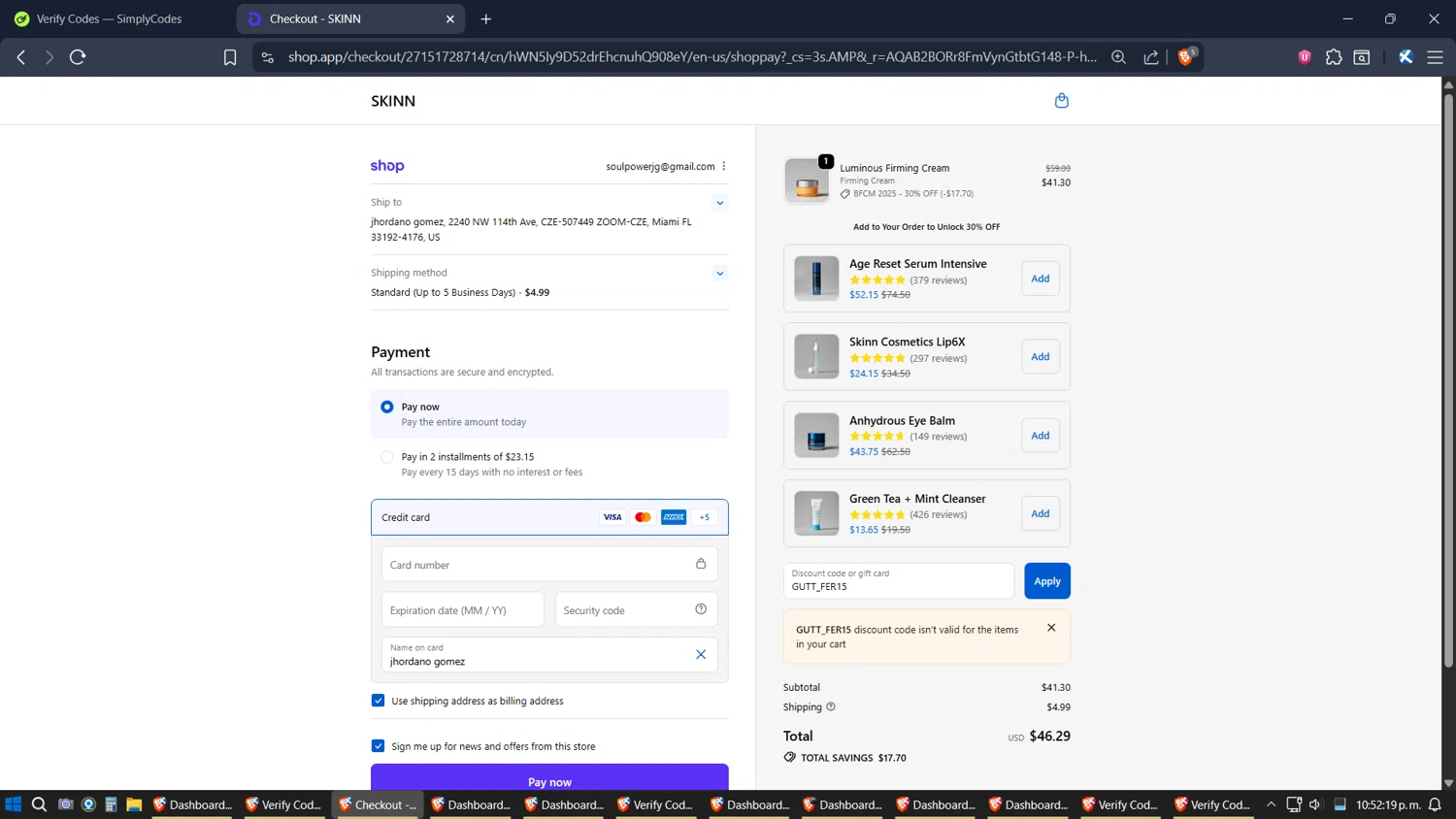Skinn Cosmetics coupon code screenshot showing code GUTT_FER15 applied at Skinn Cosmetics checkout page. Uploaded by SimplyCodes community member Jgomez on Nov 15, 2025