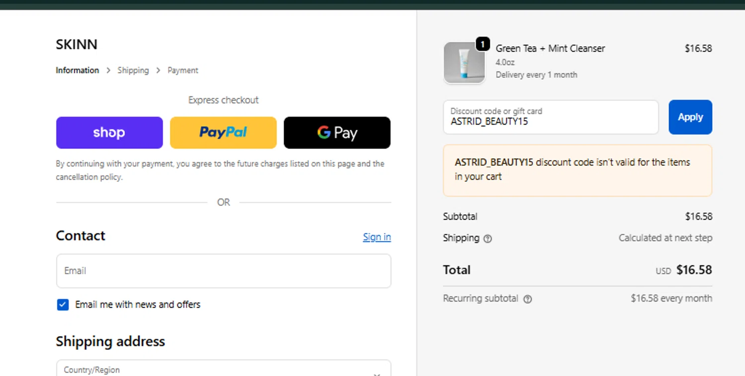 Skinn Cosmetics coupon code screenshot showing code ASTRID_BEAUTY15 applied at Skinn Cosmetics checkout page. Uploaded by SimplyCodes community member tumdre on Sep 25, 2025