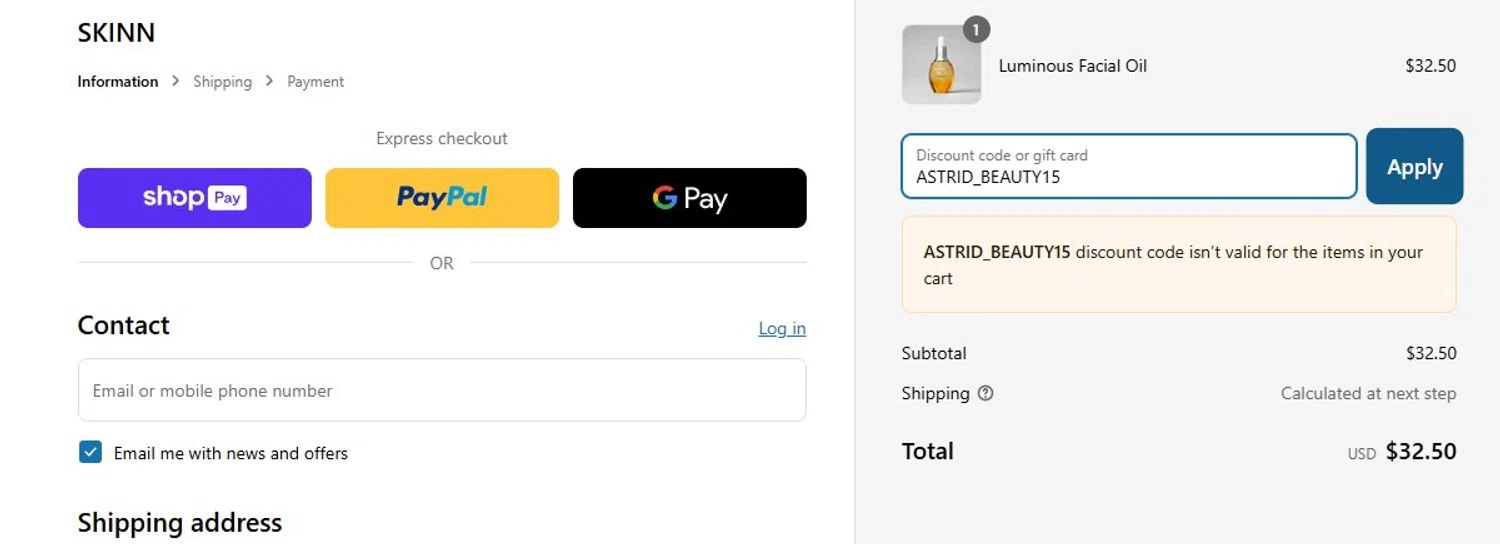 Skinn Cosmetics coupon code screenshot showing code ASTRID_BEAUTY15 applied at Skinn Cosmetics checkout page. Uploaded by SimplyCodes community member Olorinnnnn on Apr 21, 2025