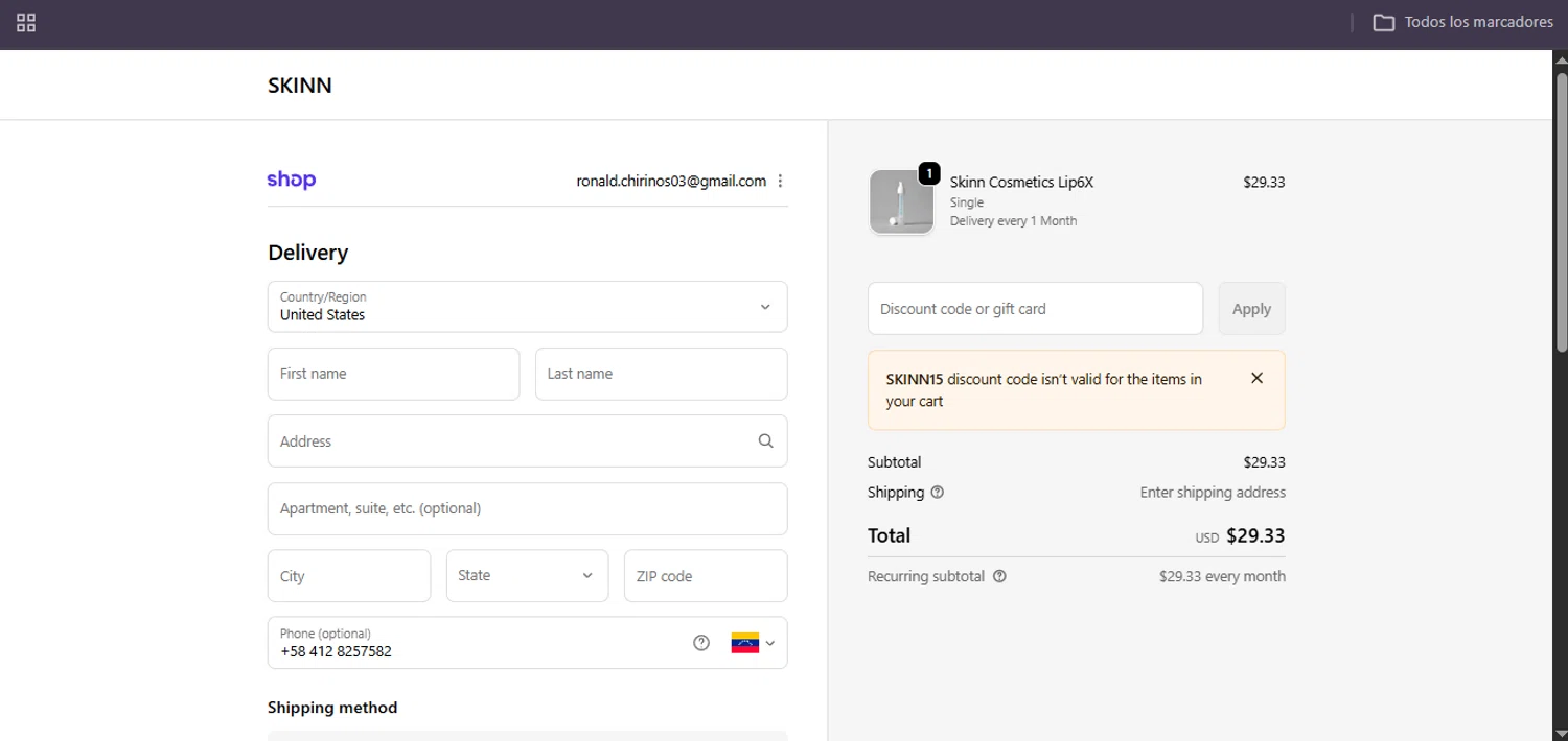 Skinn Cosmetics coupon code screenshot showing code Skinn15 applied at Skinn Cosmetics checkout page. Uploaded by SimplyCodes community member Egni_149037891 on Jan 31, 2026