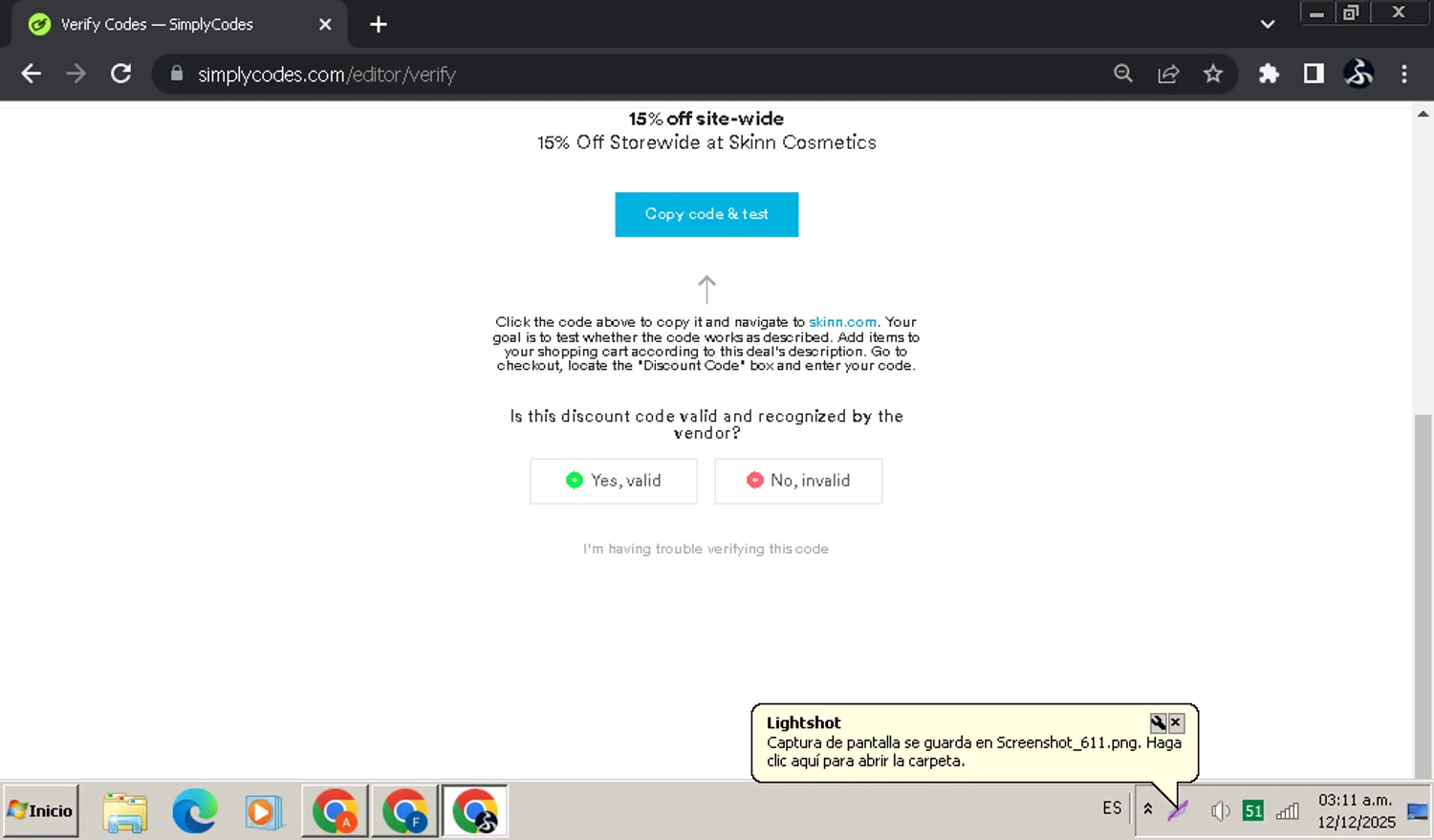 Skinn Cosmetics coupon code screenshot showing code Skinn15 applied at Skinn Cosmetics checkout page. Uploaded by SimplyCodes community member SwiftOwl697 on Dec 12, 2025